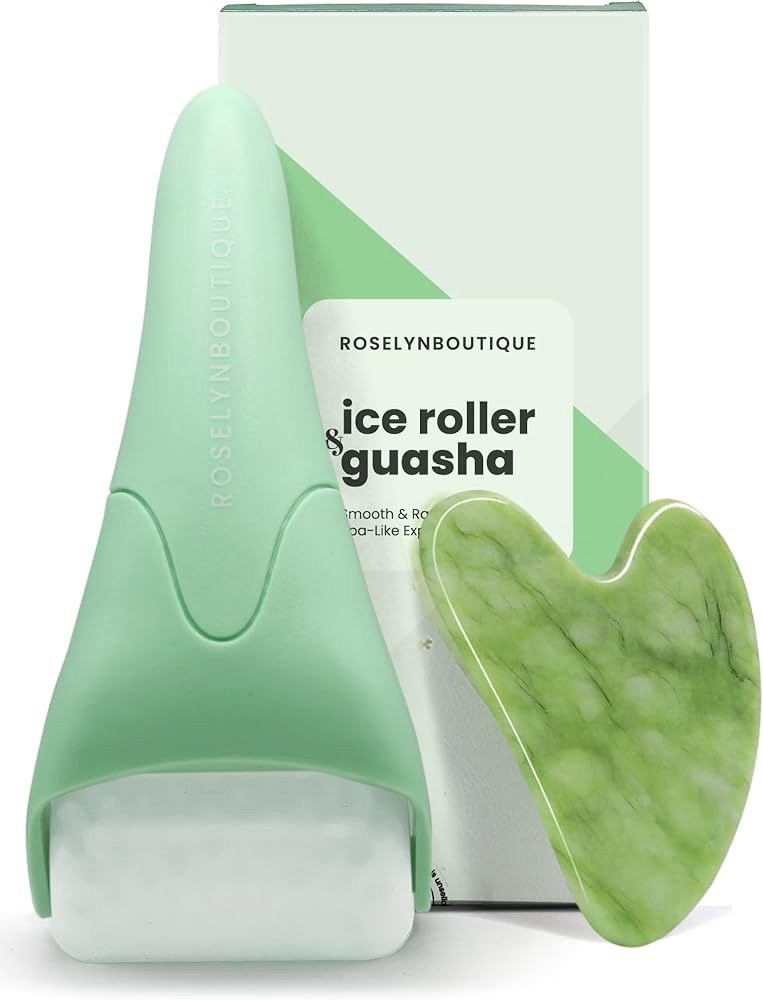 Gua Sha Facial Tools & Ice Roller for Face (Green) for Men and Women 2 PCS Set