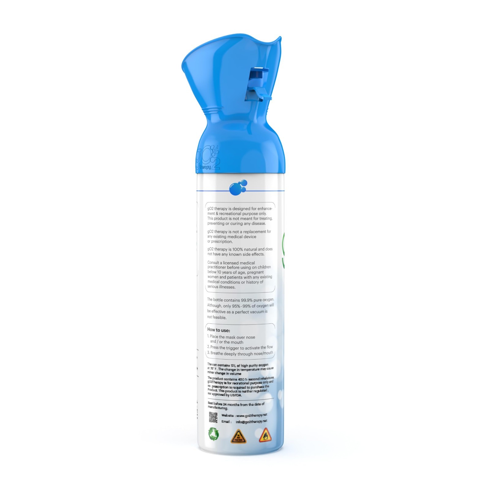 gO2Therapy – Up to 450 Inhalations, 12L | Portable Oxygen Canister with Mask