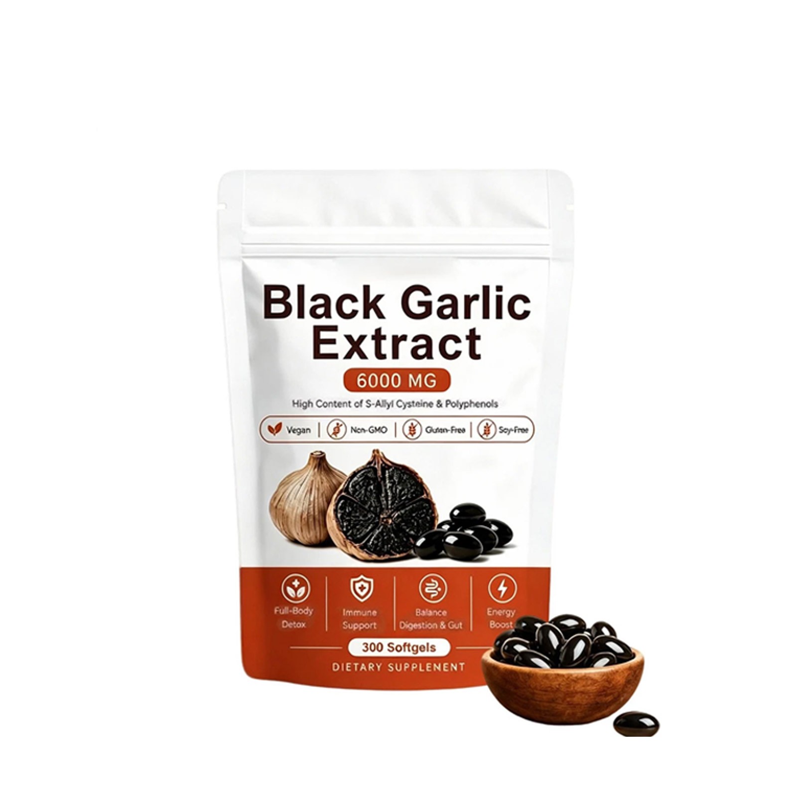 Black Garlic Extract Softgels 300ct, Odorless Vegan Non-GMO Supplement