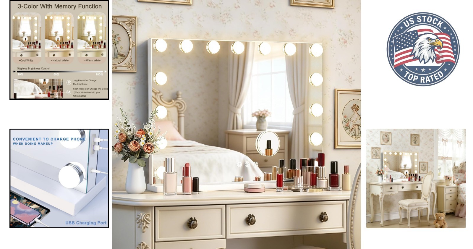 Contemporary 23″ x 18″ Makeup Mirror with USB Charging & Elegant Polished Frame