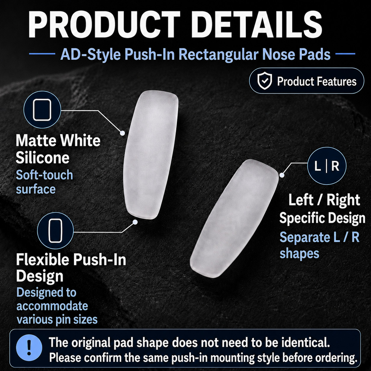 AD-Style Push-In Rectangular Nose Pads Matte White Silicone L/R 3 Pairs