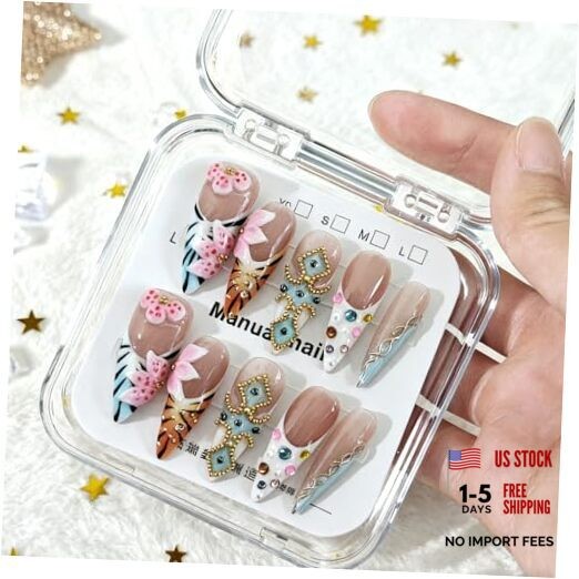 10 Pcs Handmade Acrylic Press on Nails Long Stiletto Fake Nails with M Long02