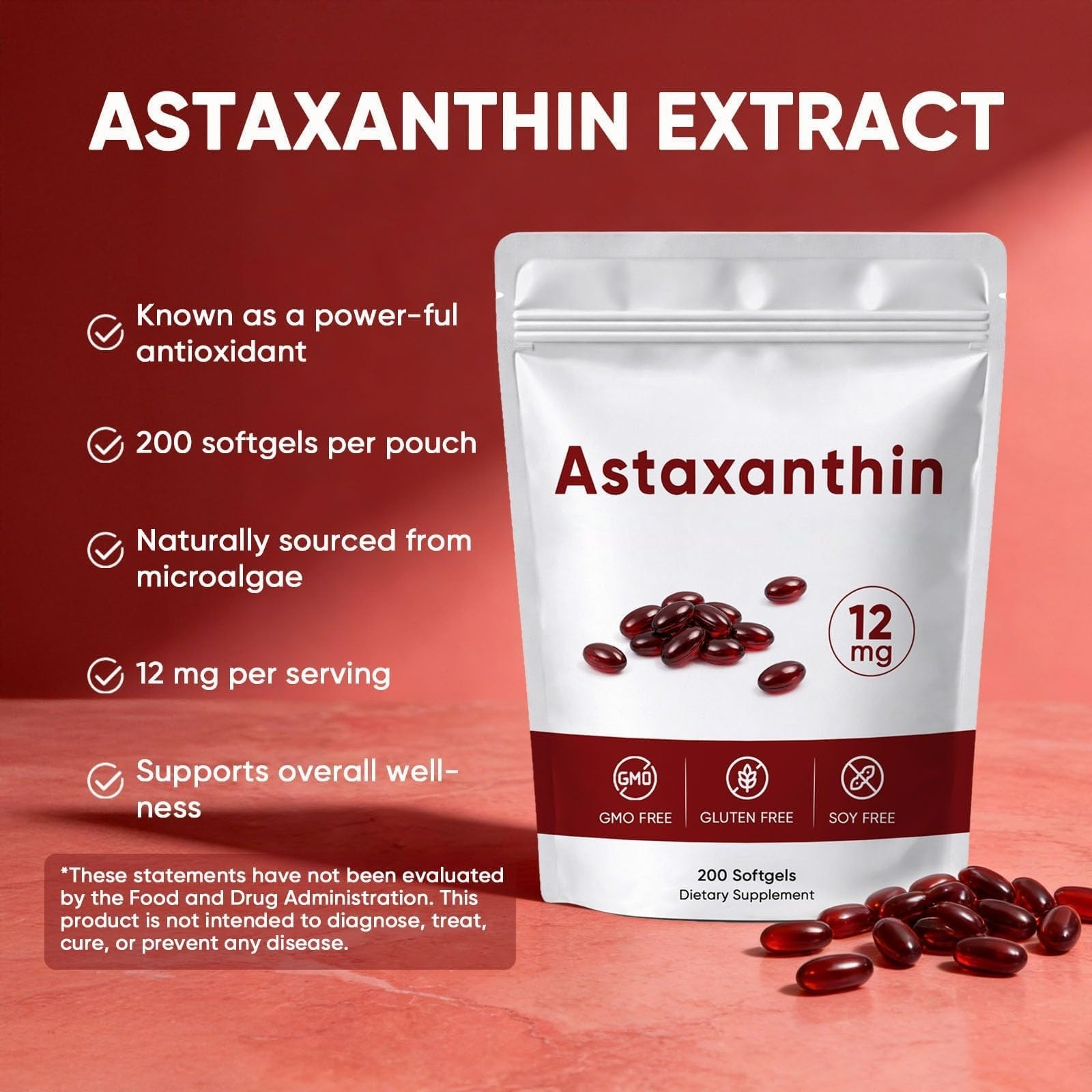 Awjsde Astaxanthin 12mg Softgels – Immune & Eye Support – 200 Count