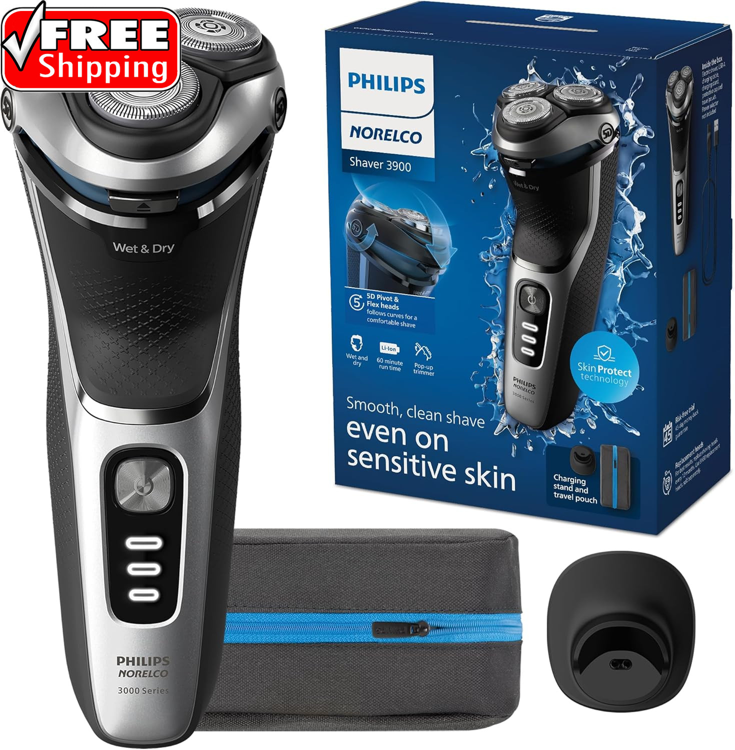Philips Shaver 3900 Series, Wet and Dry Electric Shaver, P-Cap, Travel Pouch, C