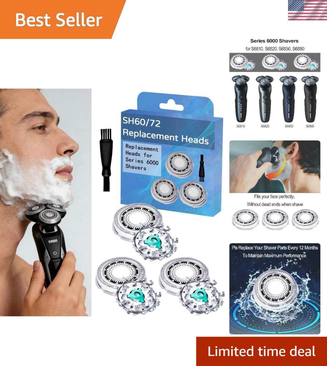 SH60/72 Aftermarket Rotary Shaving Heads – Compatible with Norelco Series 6000