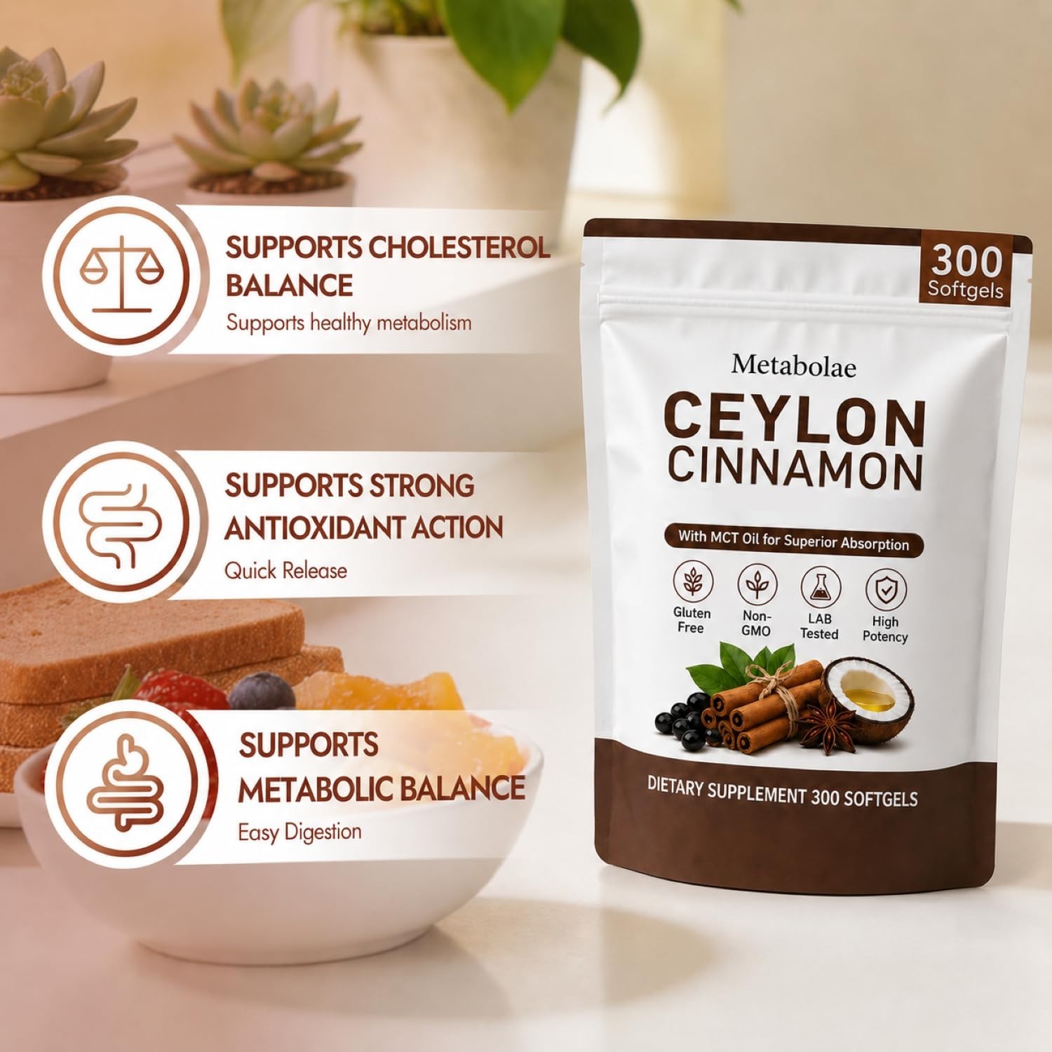 Ceylon Cinnamon Supplements – Plant-Based, Non-GMO, Gluten-Free, 300 Softgels