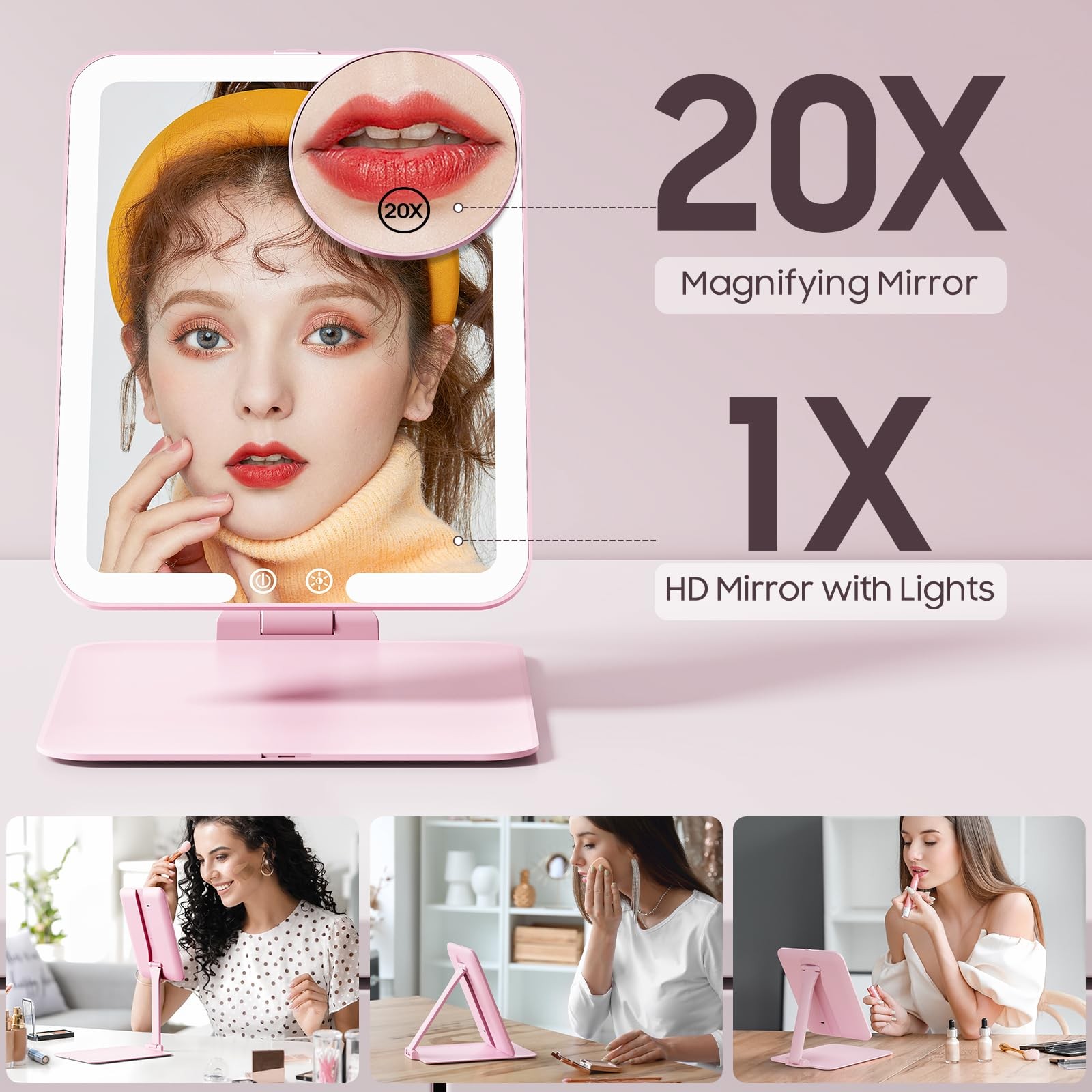 Benbilry Foldable Travel Makeup Mirror with Lights and 20X Magnification, Rec…
