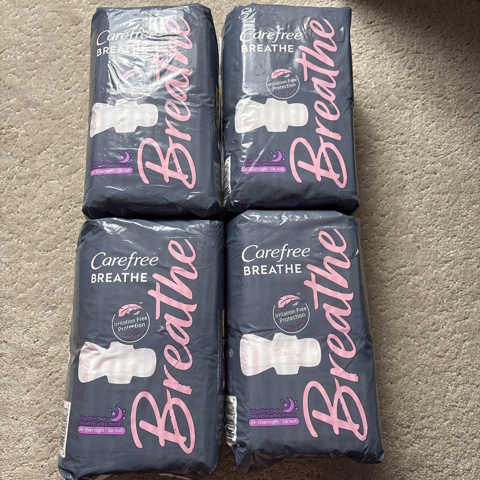 Carefree Breathe Overnight Protection Ultra Thin Pads 24 Count * 4