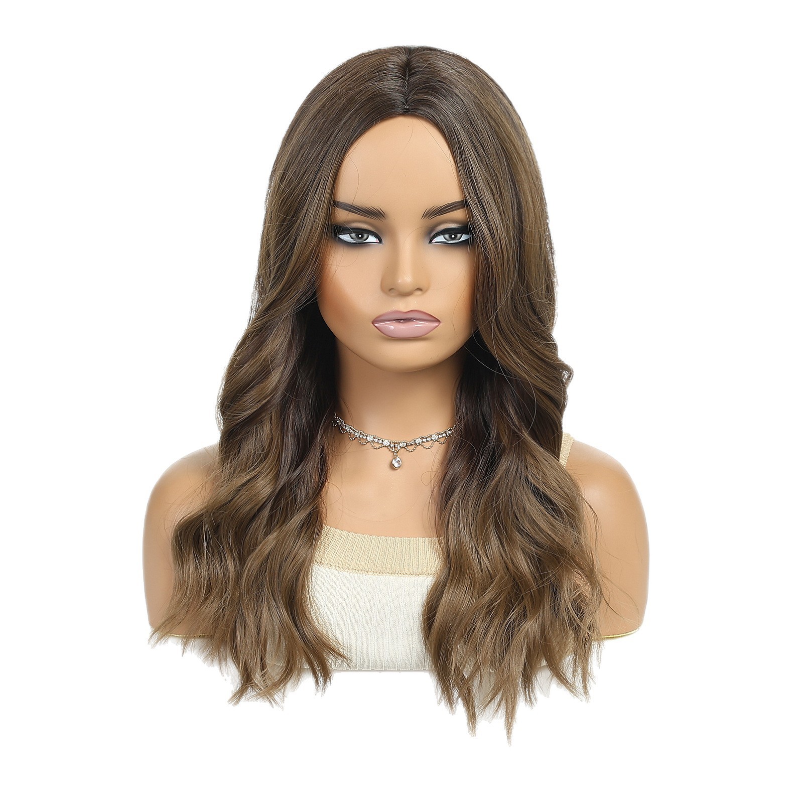 Highlight Brown Long Curly Wig Middle Part Fluffy Natural Full Head Synthetic