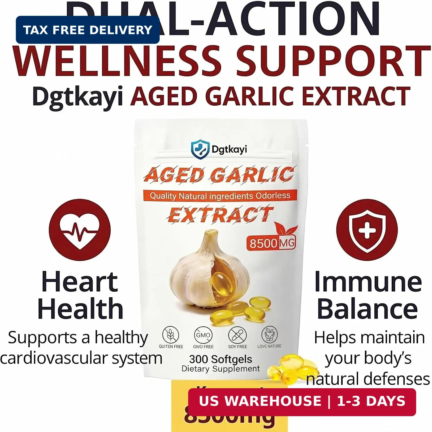 Odorless Aged Garlic Extract 8500mg – 300 Softgels, 2 Year Aged Organic Garlic S