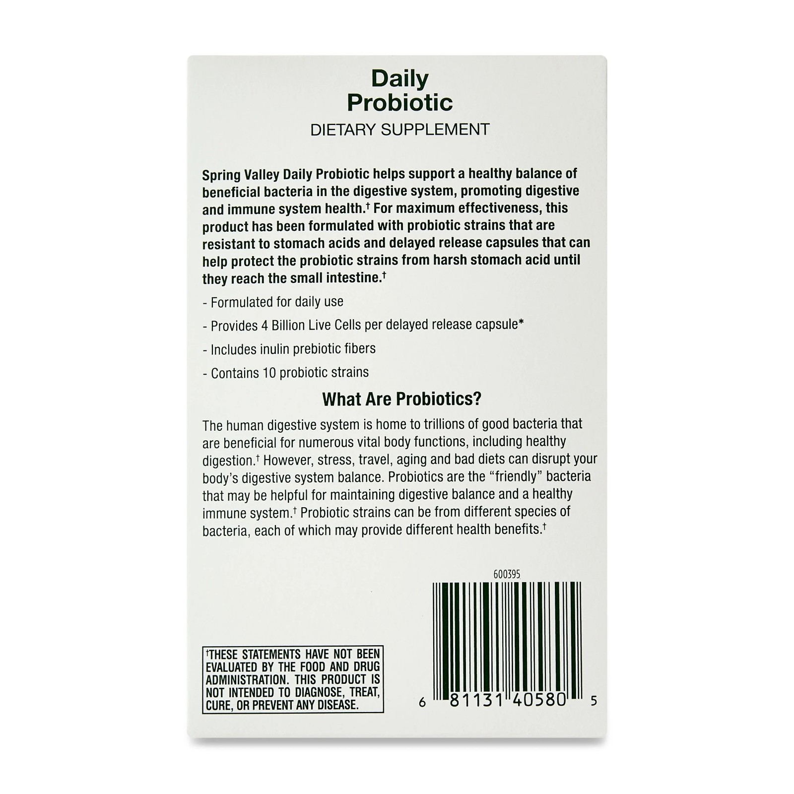 Spring Valley Daily Probiotic Delayed Release Capsules for Digestive Health, 4 B