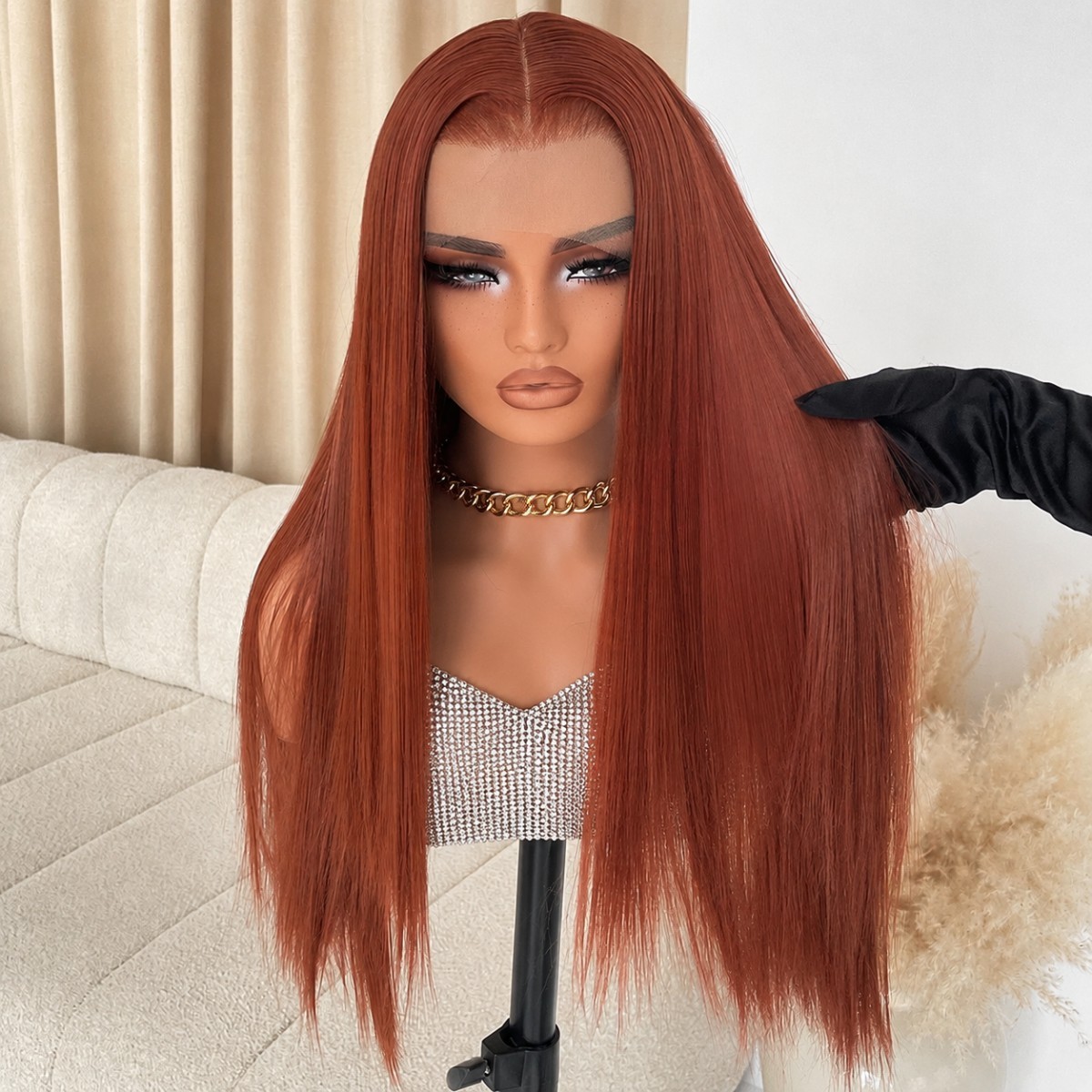 Layered Glue Less Lace Front Wig Copper Red Long Straight Heat Resistant Hair