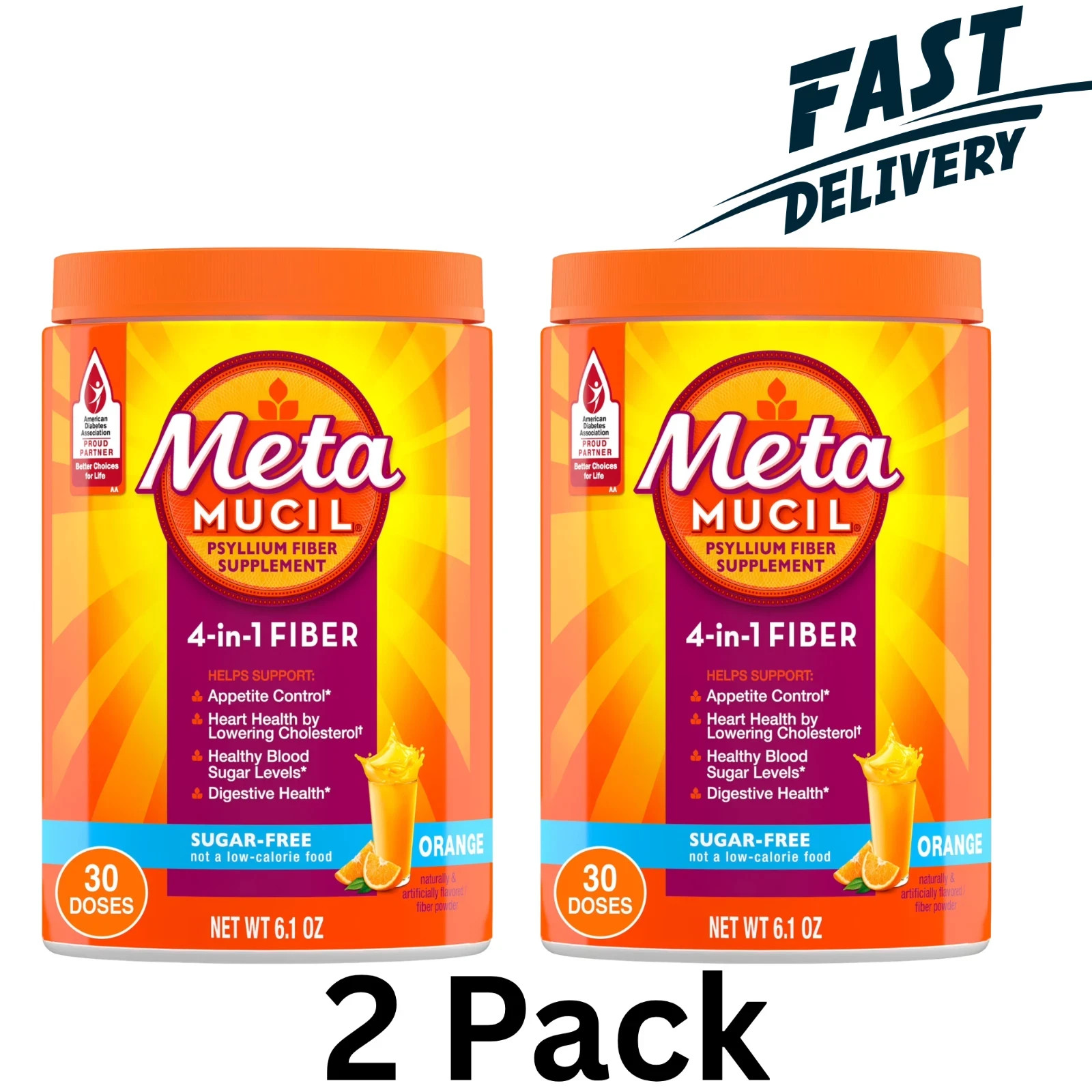 Metamucil 4-in-1 Fiber Sugar-Free Supplement (Orange) 6.1 OZ (2 Pack)