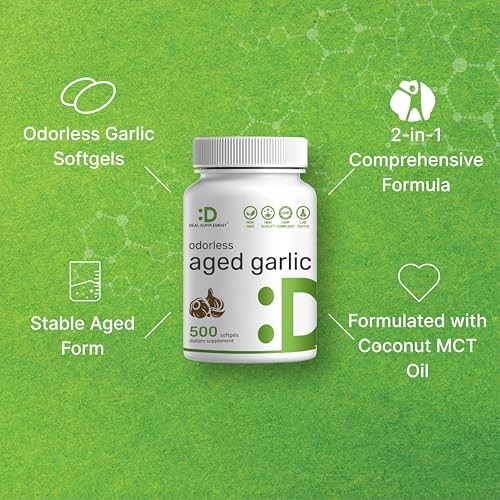 Odorless Aged Garlic 500 Softgels with MCT Oil Non GMO 2 Year Extract 250 Day