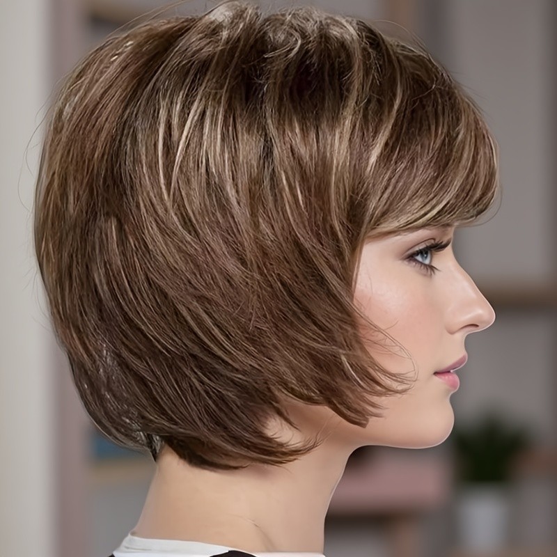 Elegant Women’s Short Straight Wig with Bangs Layered Bob Wig for Daily Parties