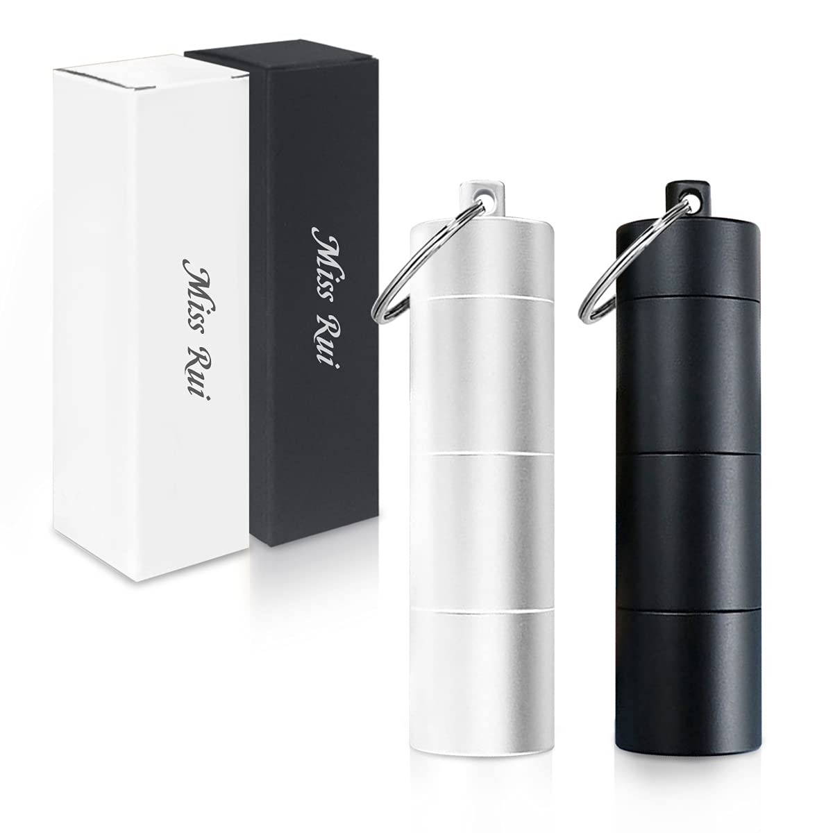 Miss Rui Keychain Pill Holder Mini 2 Pack, 3 Compartments Small, Black+silver