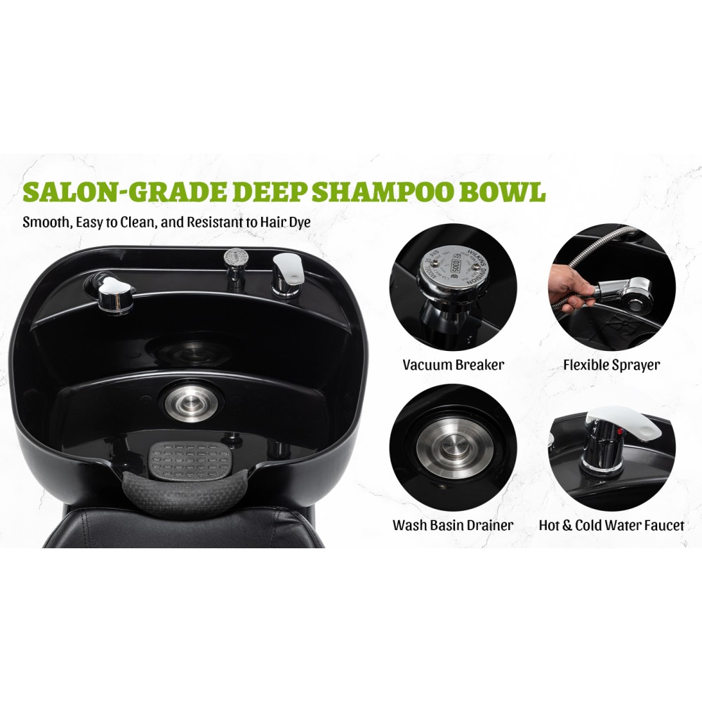 Salon Shampoo Bowl and Chair Set ABS Sink PU Leather Black