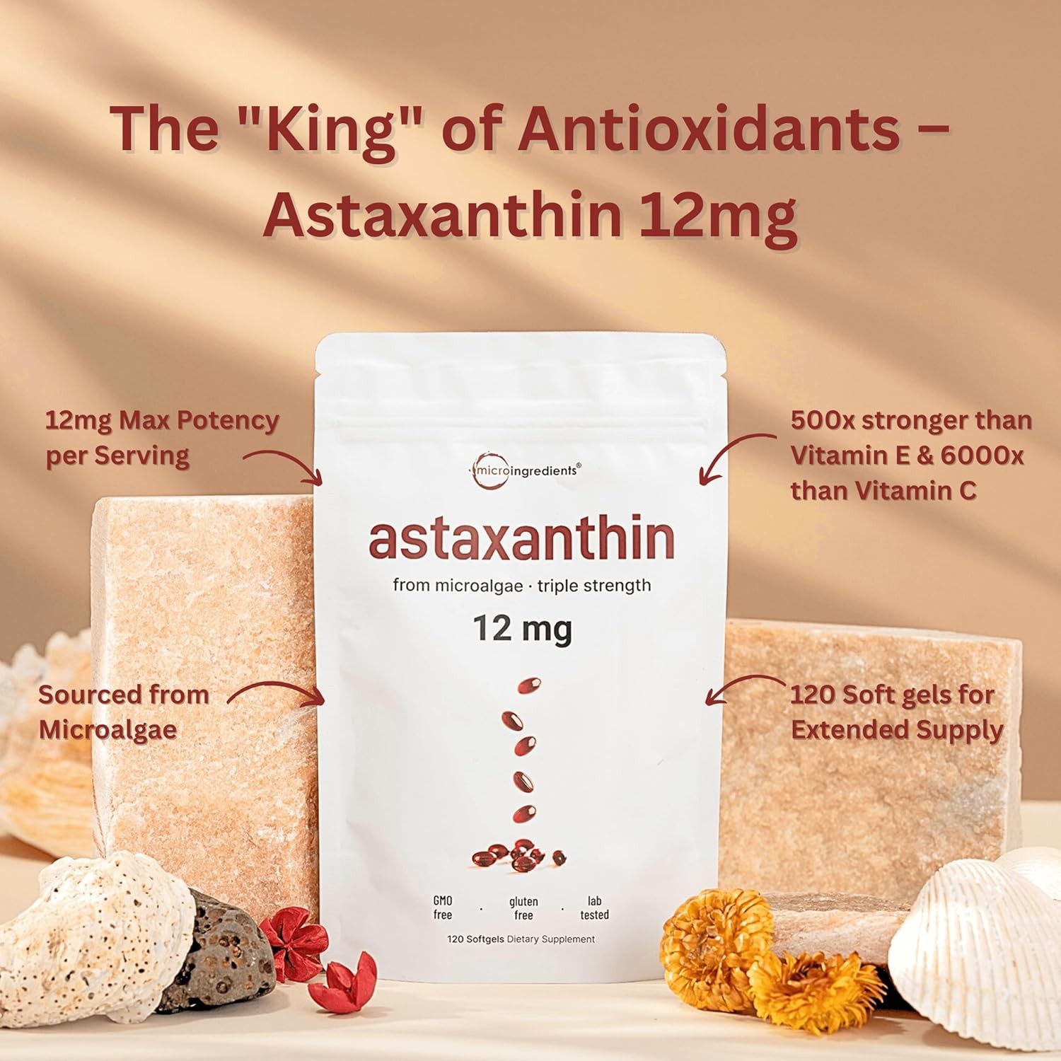 Astaxanthin 12mg Antioxidant Supplements Fresh Microalgae Eye Joint Skin Health