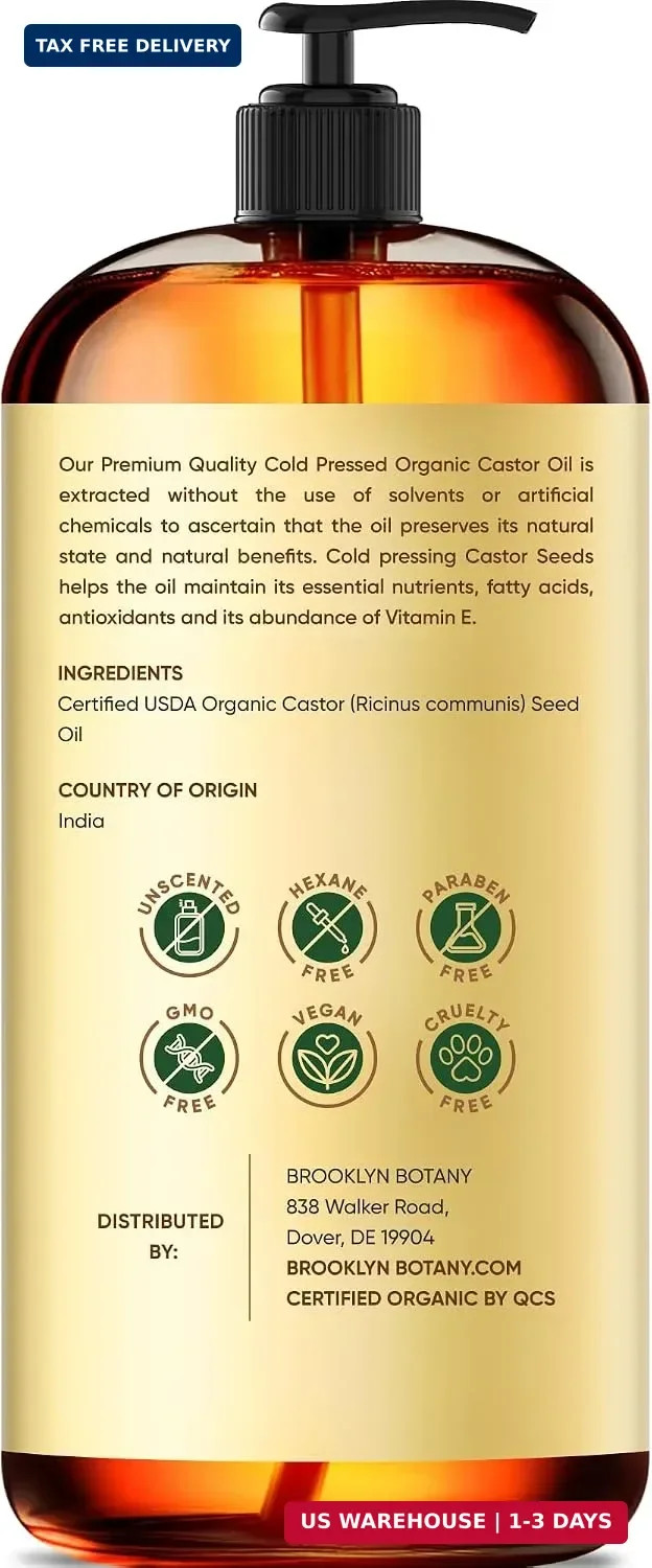 Brooklyn Botany Cold-Pressed Organic Castor Oil | 16 Fl Oz | Hair | Face | Body