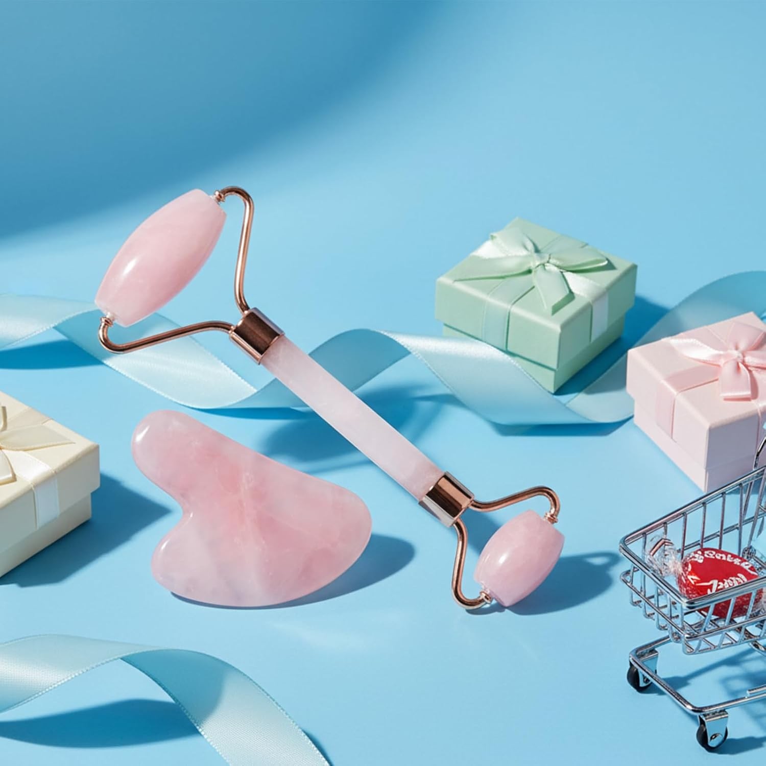 BAIMEI IcyMe Rose Quartz Roller & Gua Sha Set, Cooling Face Roller for Depuffing