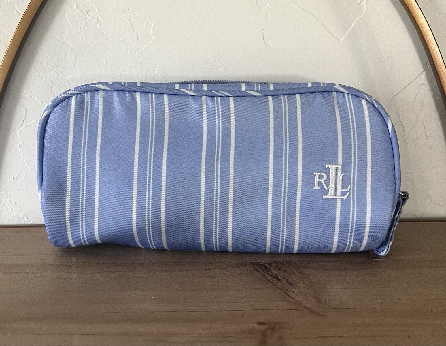 Lauren Ralph Lauren Blue & White Striped Zipper Makeup Bag Cosmetic Case
