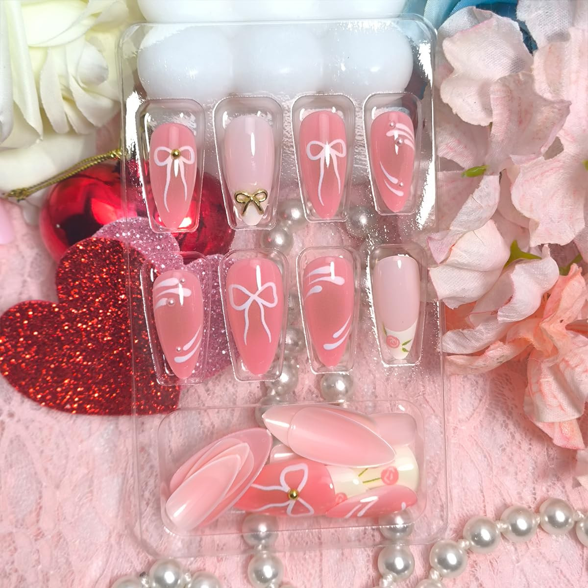 24Pcs Medium Almond Press on Nails Pink Valentines Fake Nails 3D Metal Bow Acryl