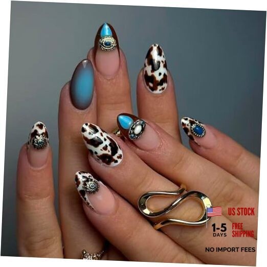 Medium Almond Press on Nails – Western Cowboy Brown Cow Print western cow 21