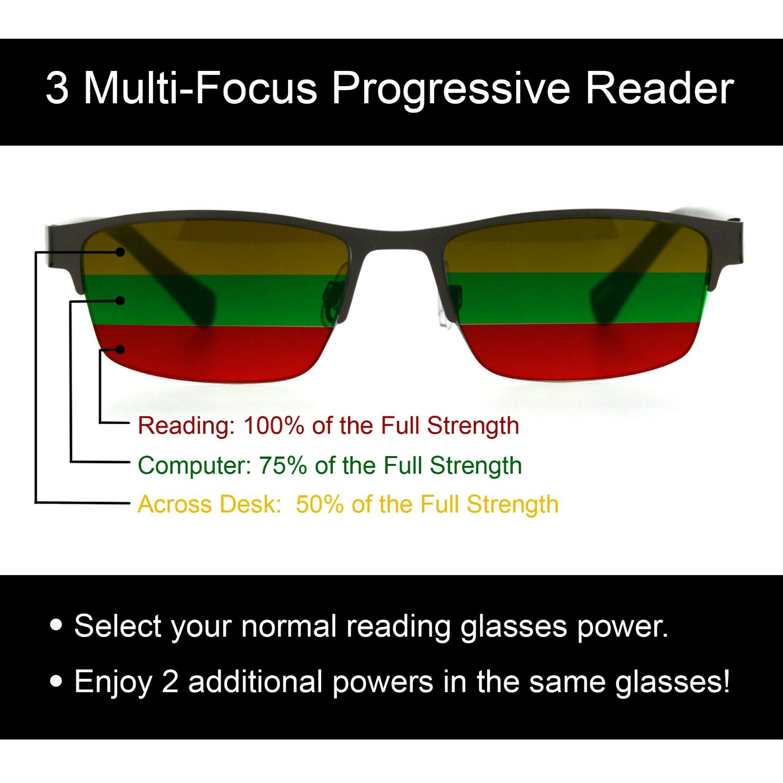 Rectangle Metal Half Rim Spring Hinge 3 Multi-Focal Progressive Reading Glasses