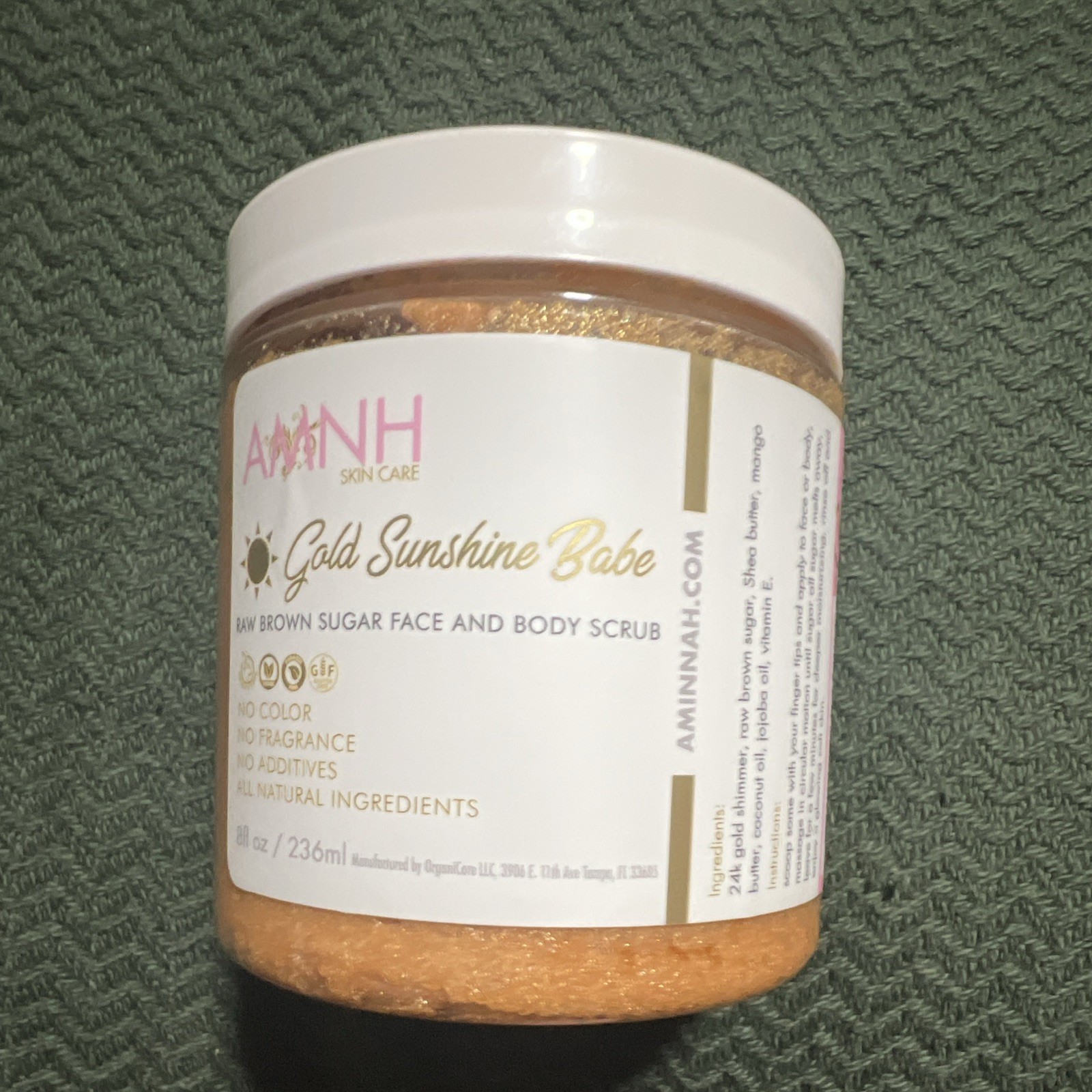AMINNAH 24K Gold Sunshine Babe Sugar Scrub – Exfoliating Face & Body 8 oz