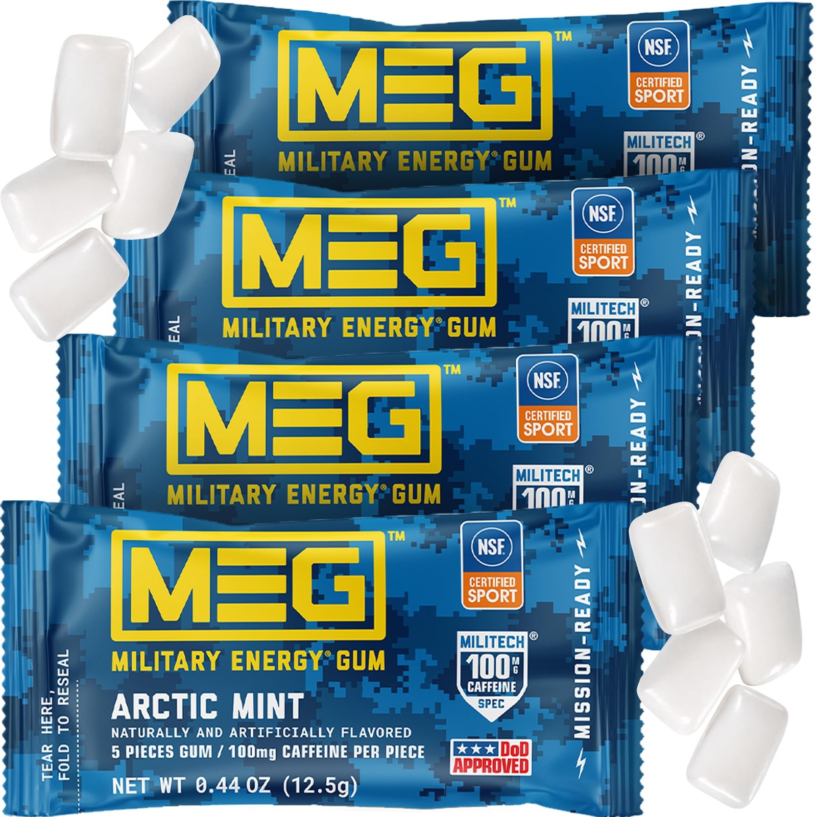 MEG – Military Energy Gum | 100mg of Caffeine Per 5 Count (Pack 4), Arctic