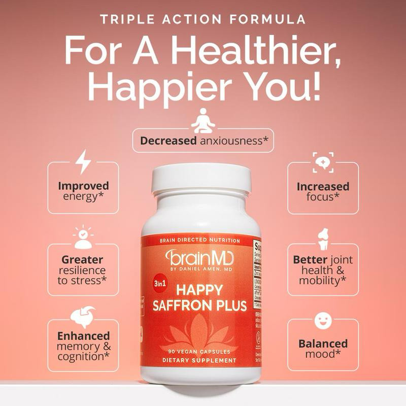 BrainMD Happy Saffron Plus | Mood Support, Gluten Dairy Egg Free