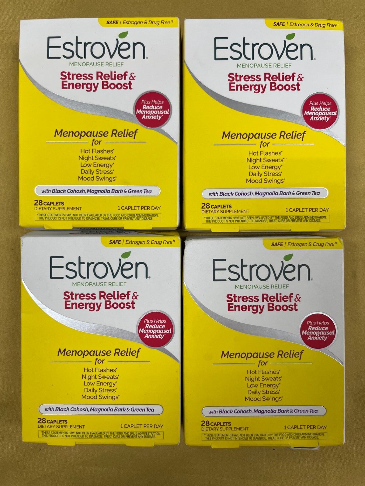 4 New Estroven Menopause Relief Stress Relief and Energy Boost – 28 Caplets Each