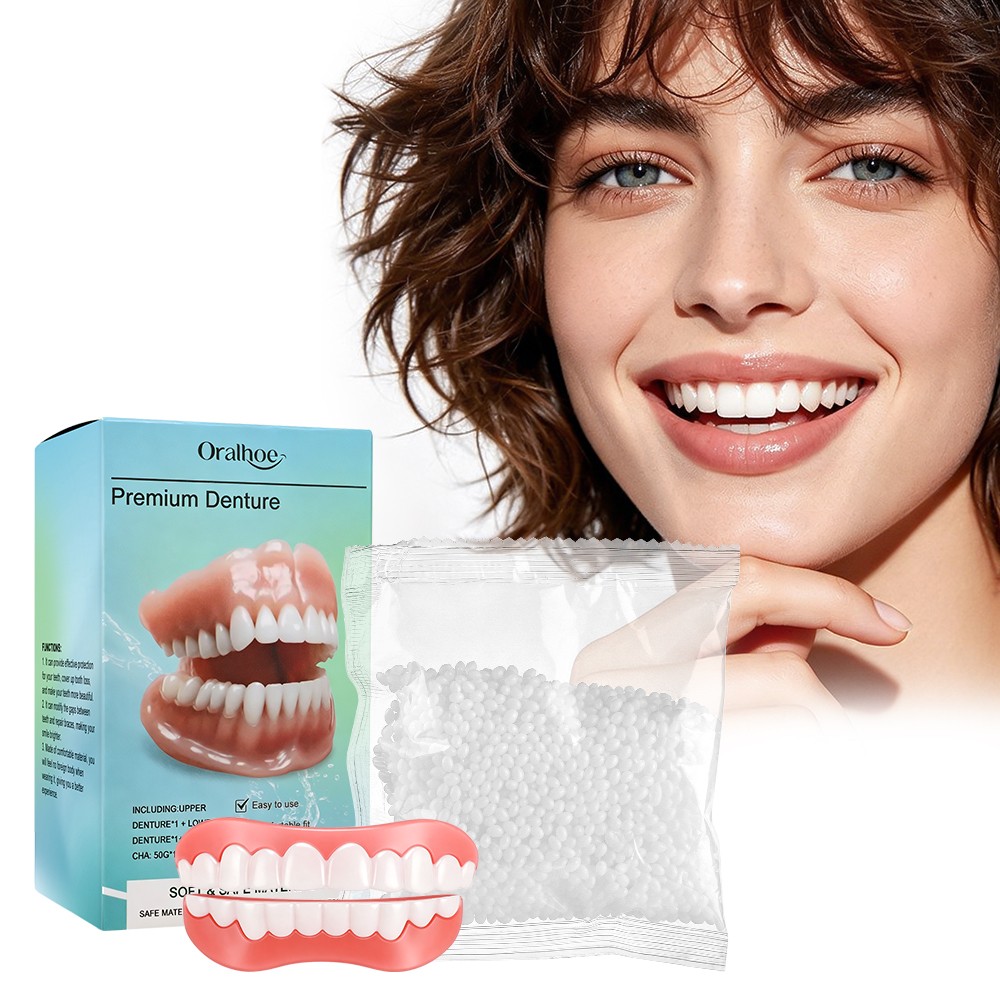 False Teeth Set Full Dentures,Adjustable Silicone Dentures to Fit Over Existing