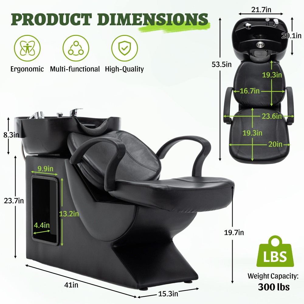 Salon Shampoo Bowl and Chair Set ABS Sink PU Leather Black