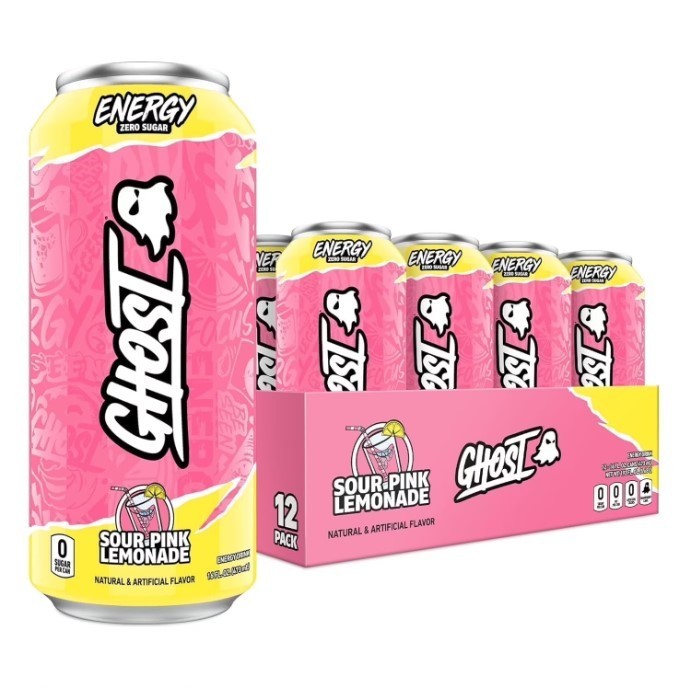 GHOST Zero Sugar Energy Drink Sour Pink Lemonade 16 oz 12 Pack, New, Deal