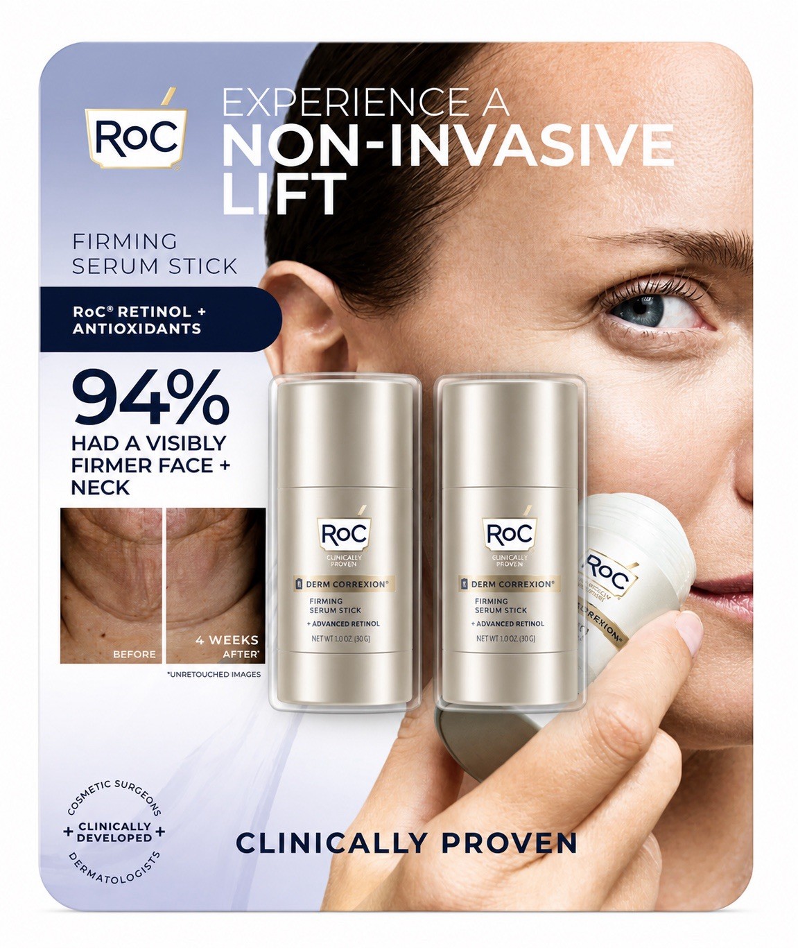 NEW ROC DERM CORREXION FIRMING 3 in 1 SERUM STICKS ADVANCED RETINOL, 2 PK 1oz Ea