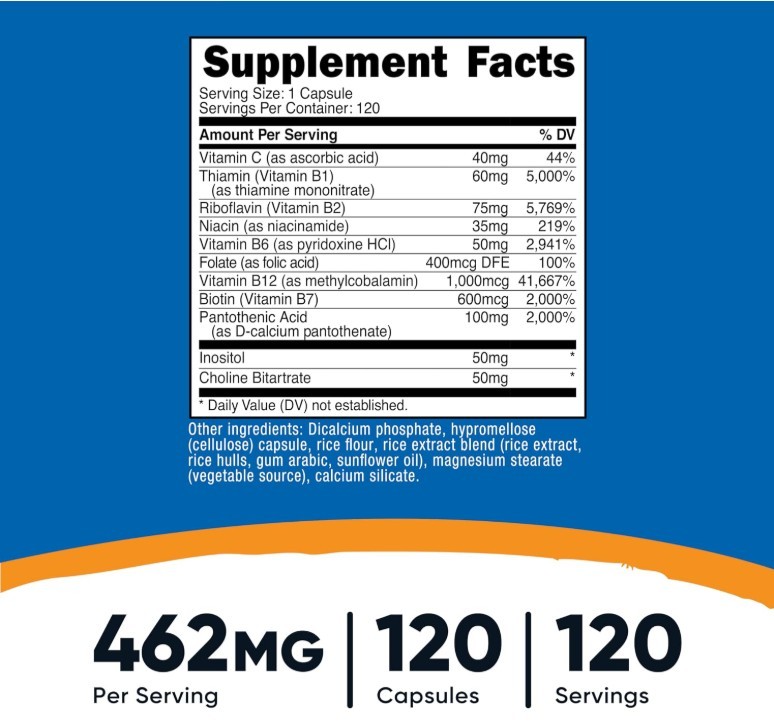 High Potency Vitamin B Complex 462mg, 120 Capsules | Energy Complex with Vitamin