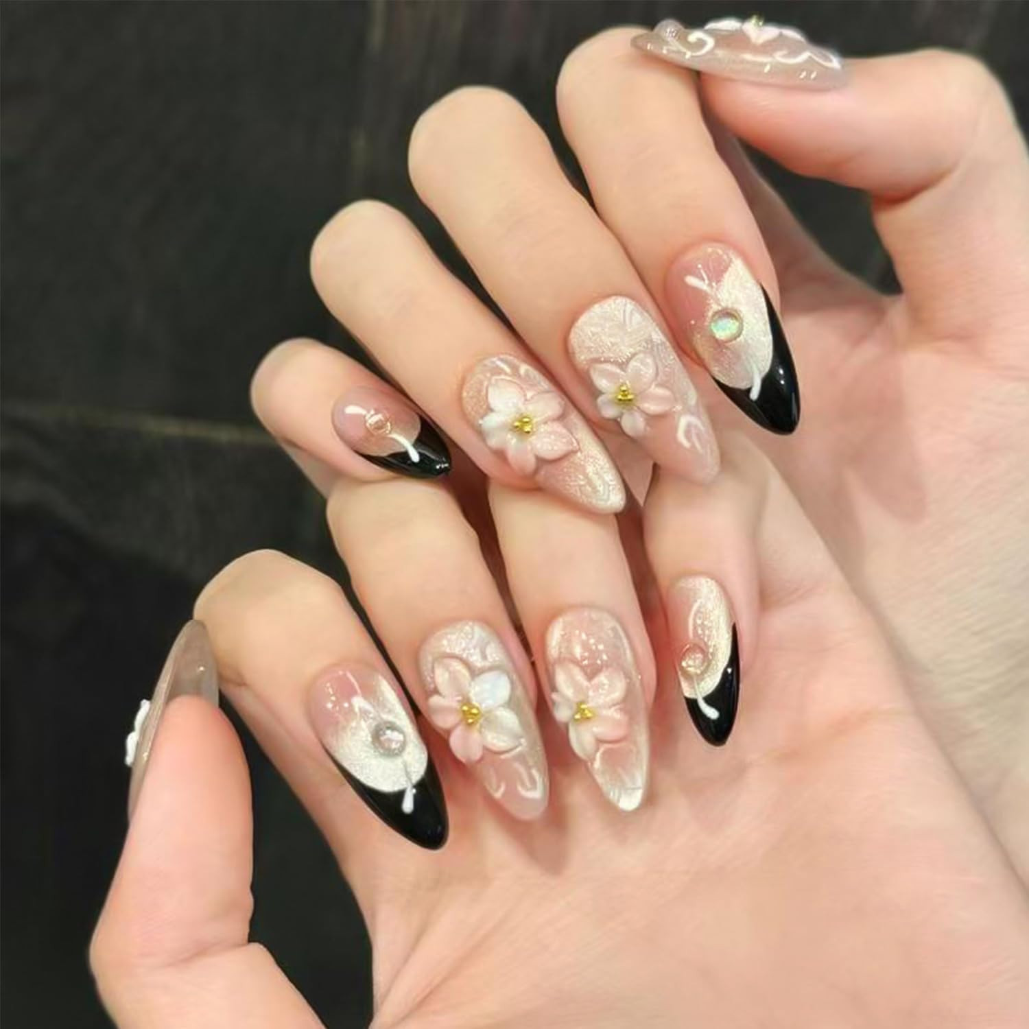 24Pcs Medium Almond Press on Nails Pink Valentines Fake Nails 3D Metal Bow Acryl