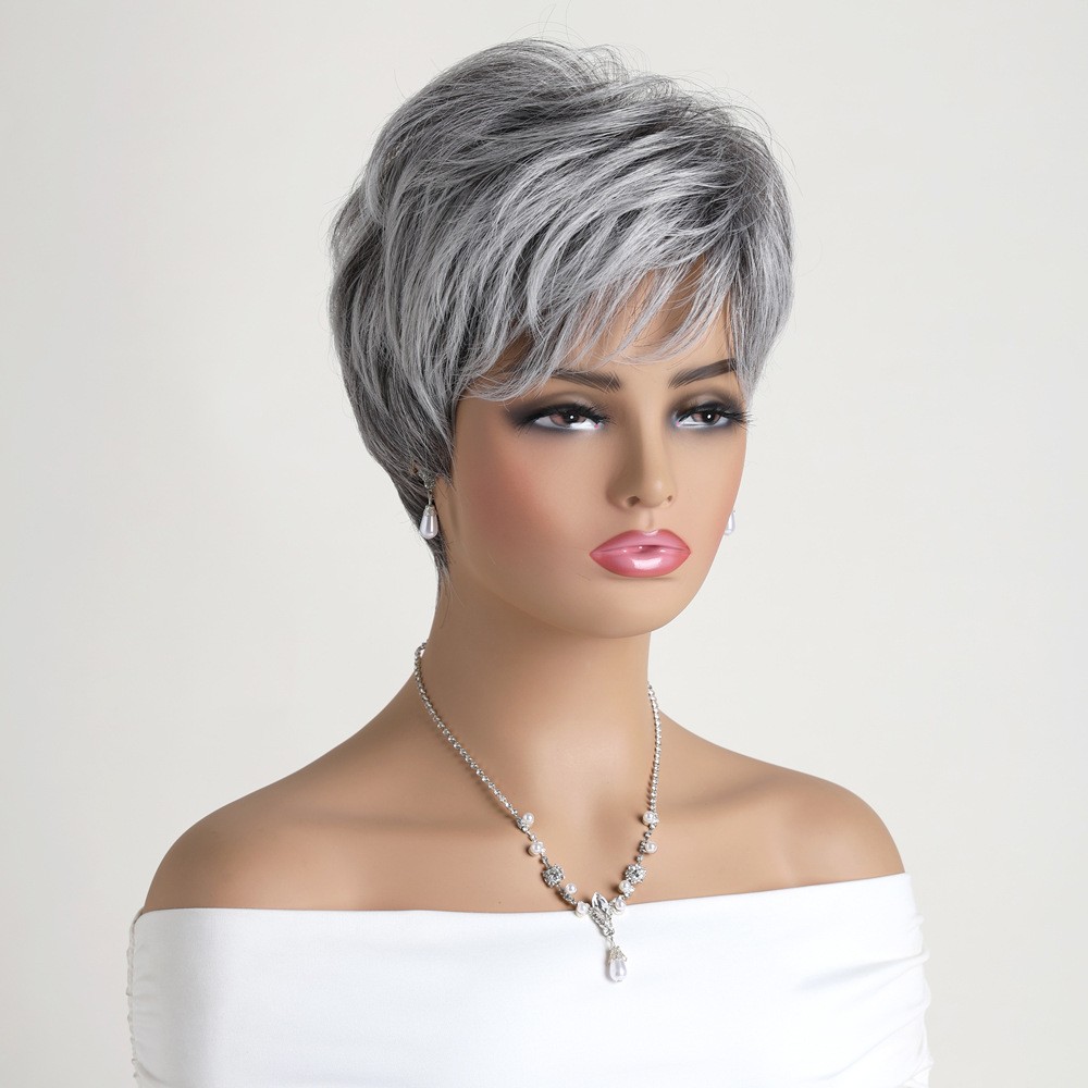 10″ Silver Gray Wig for Women Ombre Natural Cosplay Wavy Full Wig Heat Resistant