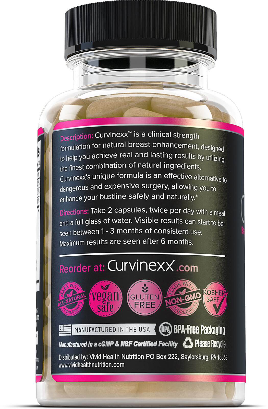 2 BOTTLES: Curvinexx Natural Breast Enhancement & Growth Formula, 60 caps each
