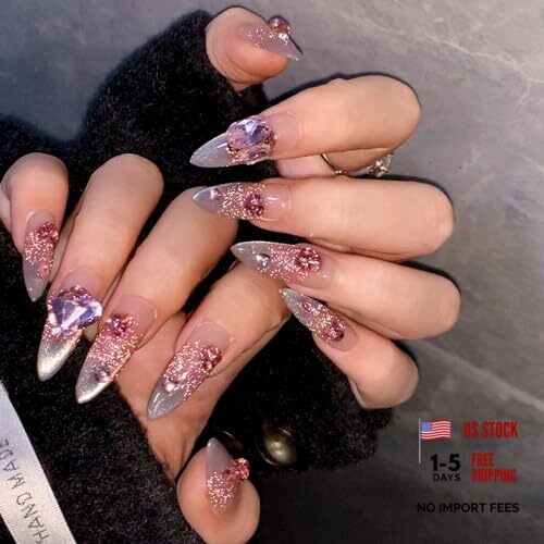 Press on Nails Handmade Full Cover False Nails with Rhinestone Vintage Flower
