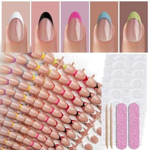 216 Pcs French Tip Press on Nails Almond,French Nails Press ons Short Style-10