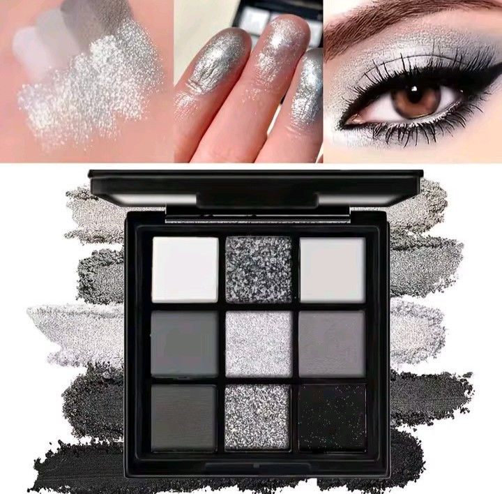 9-Color Black & Silver Smokey Eye Eyeshadow Palette | Matte & Glitter Makeup | L