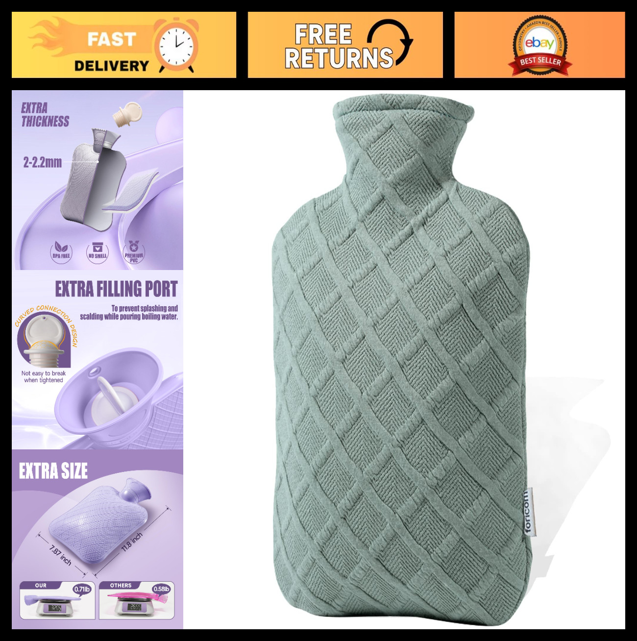 2L Hot Water Bottle with Cover – Pain Relief Heating Pad, Hand Warmer, BPA Free