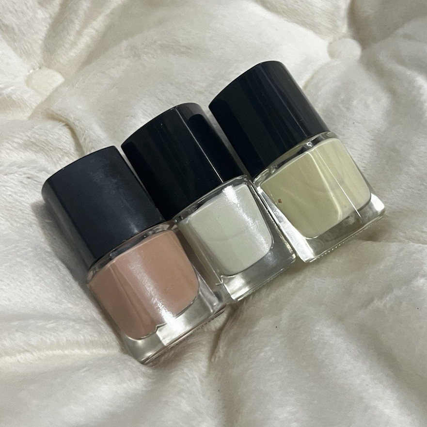 Lot of 3 Nail Polish Bottles w/ Black Caps Nude Pink, White & Pale Yellow