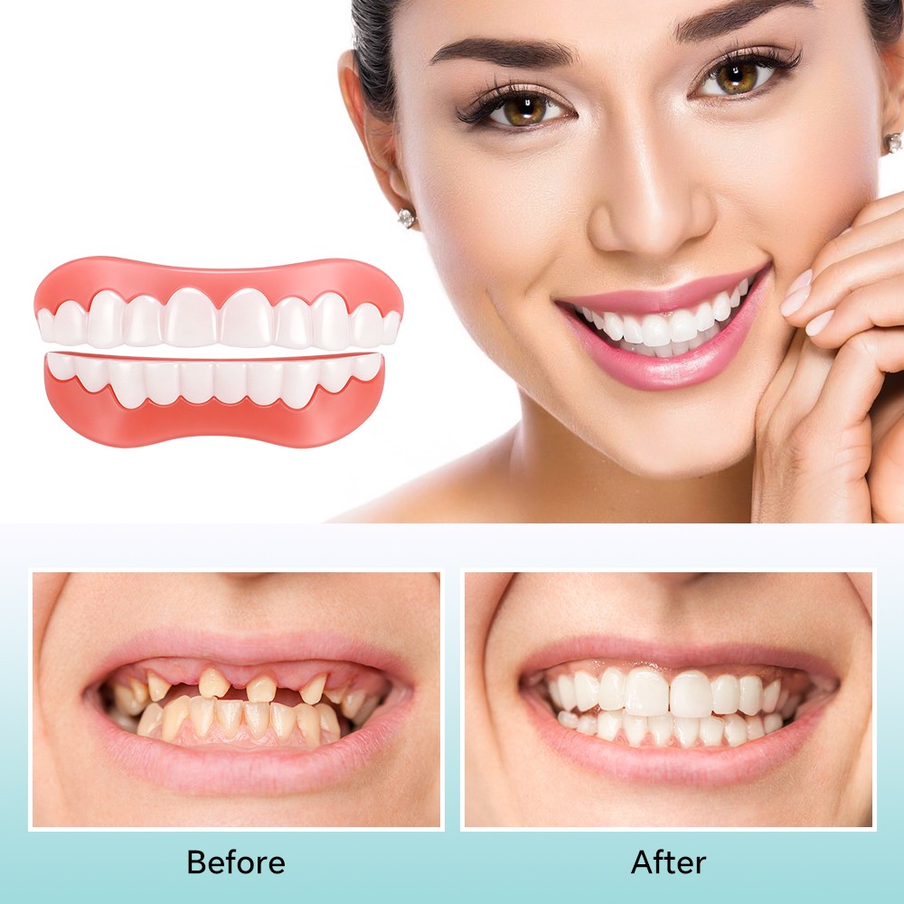 False Teeth Set Full Dentures,Adjustable Silicone Dentures to Fit Over Existing