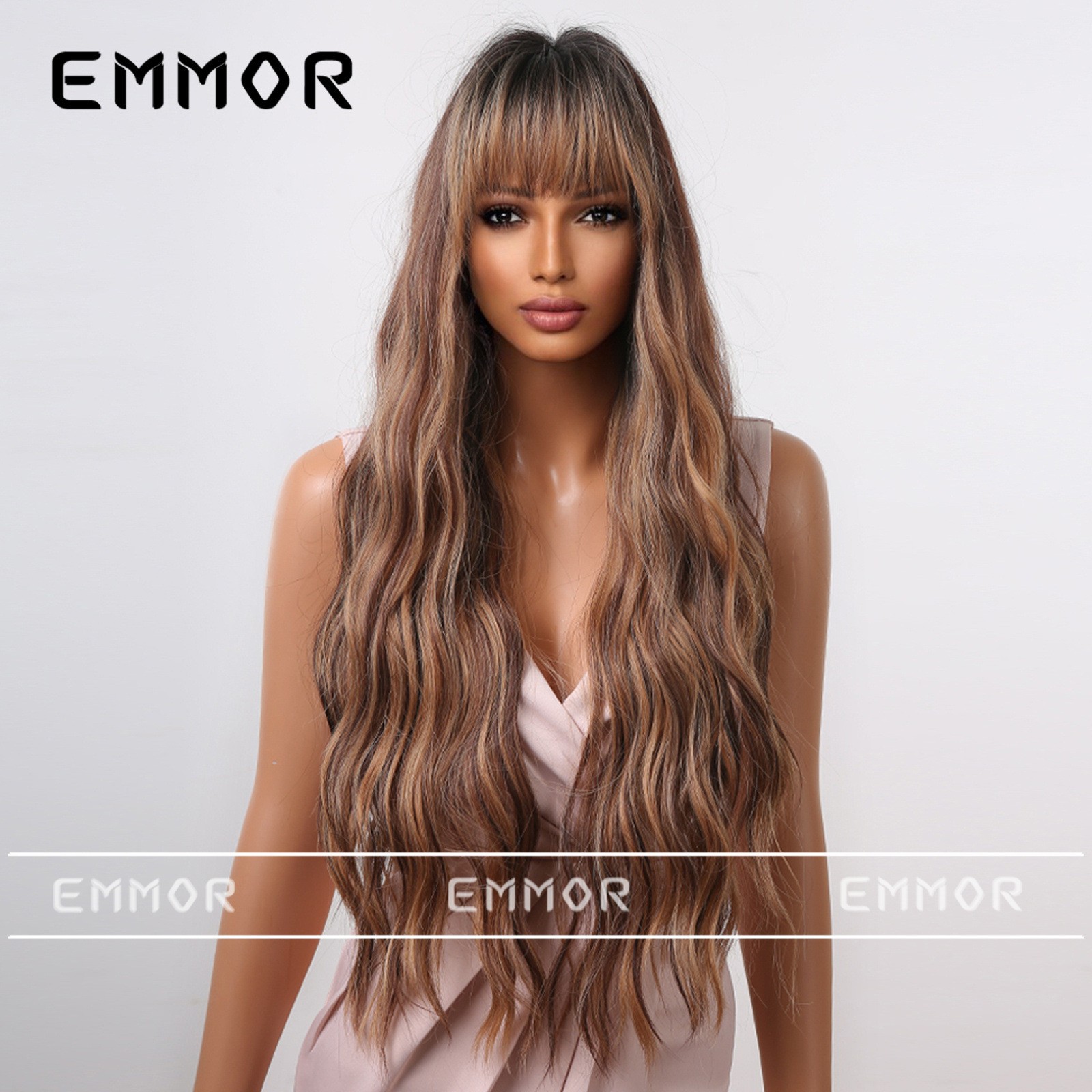 Ombre Brown Full Bangs Water Wave Long Curly Fluffy Natural Realistic Synthetic