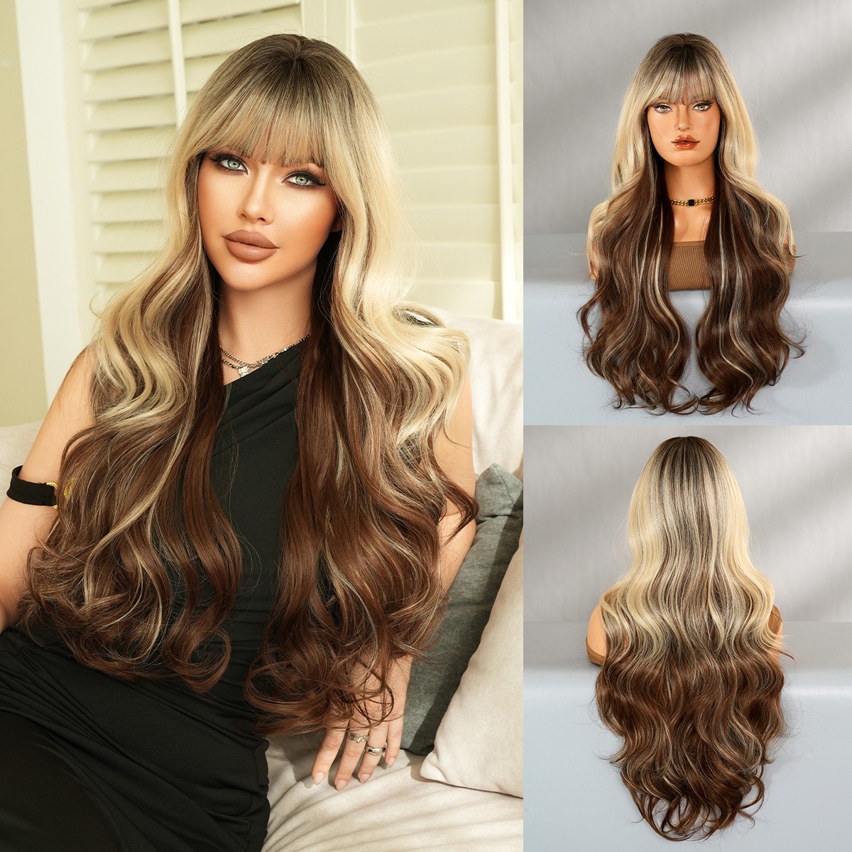 30 Inch Ombre Color Curly Wig with Bangs Heat Resistant Synthetic Long Wavy Wig