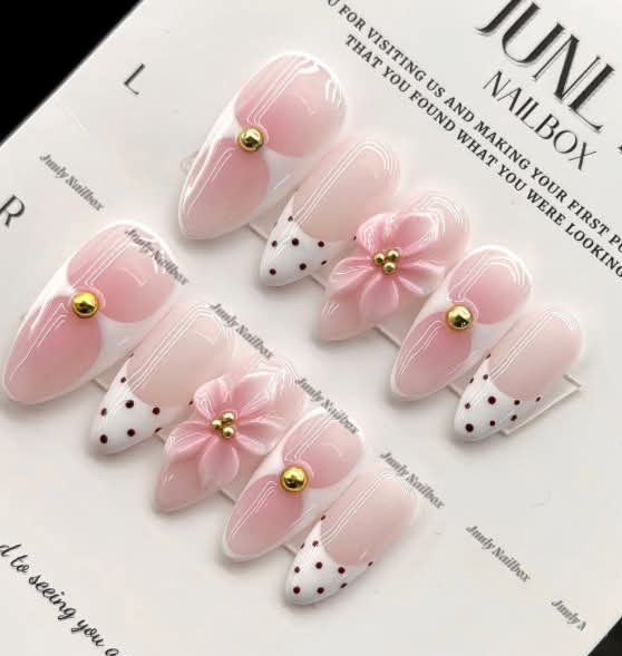 Pink White Almond Press-On Nails 3D Shiny Full Cover Pre-Designed Flowers