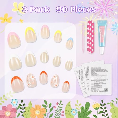 90 Pieces Press on Nails for Kids, 3 Pack Nails for Kids French Floral